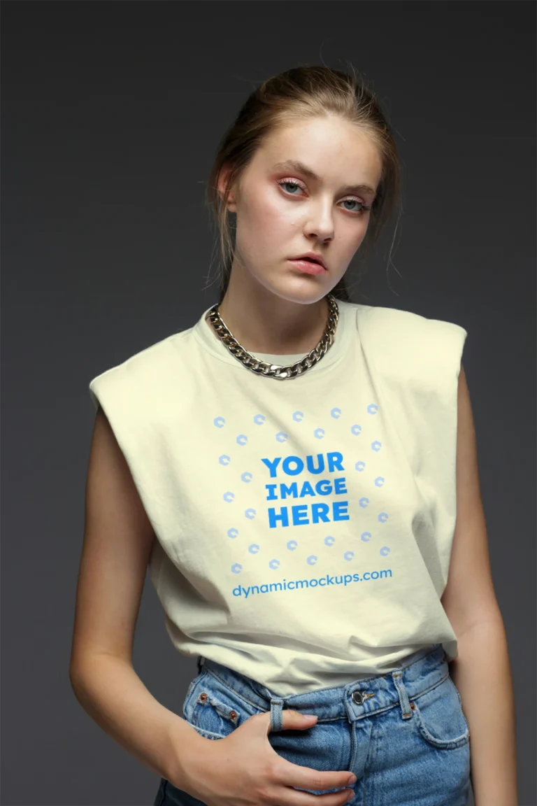 Woman Wearing Cream T-shirt Mockup Front View Template