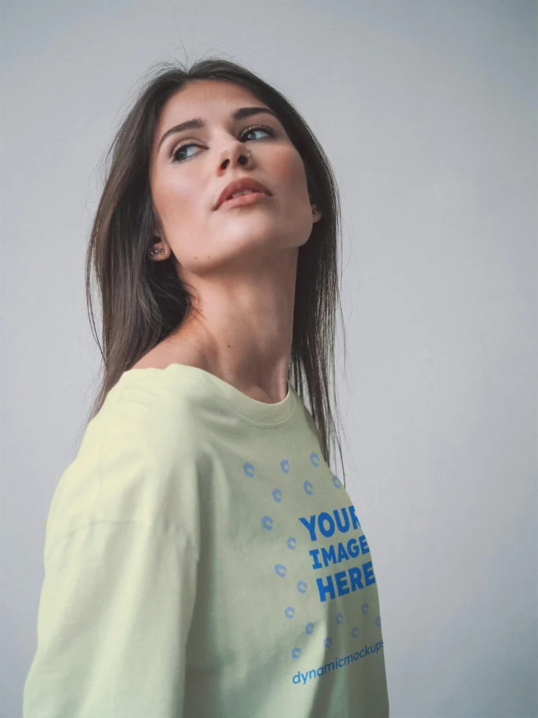 Woman Wearing Cream T-shirt Mockup Front View Template