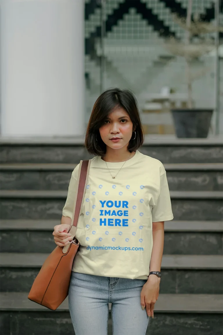 Woman Wearing Cream T-shirt Mockup Front View Template