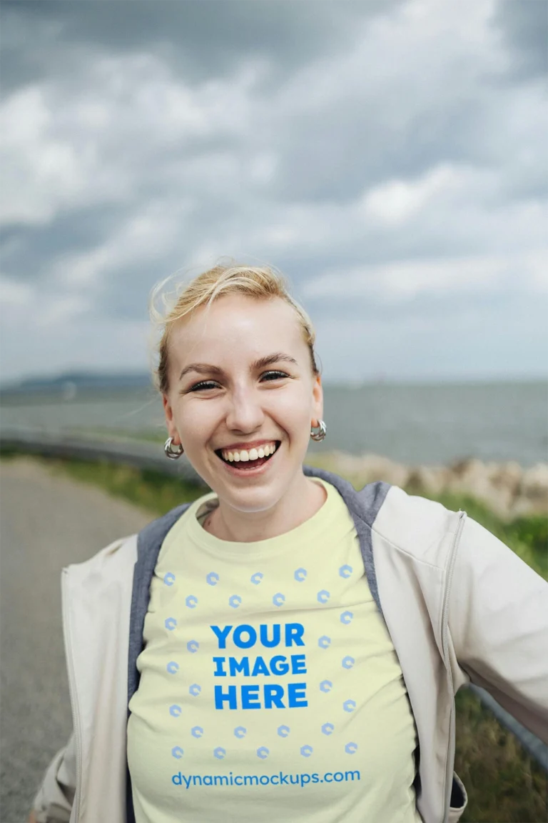 Woman Wearing Cream T-shirt Mockup Front View Template