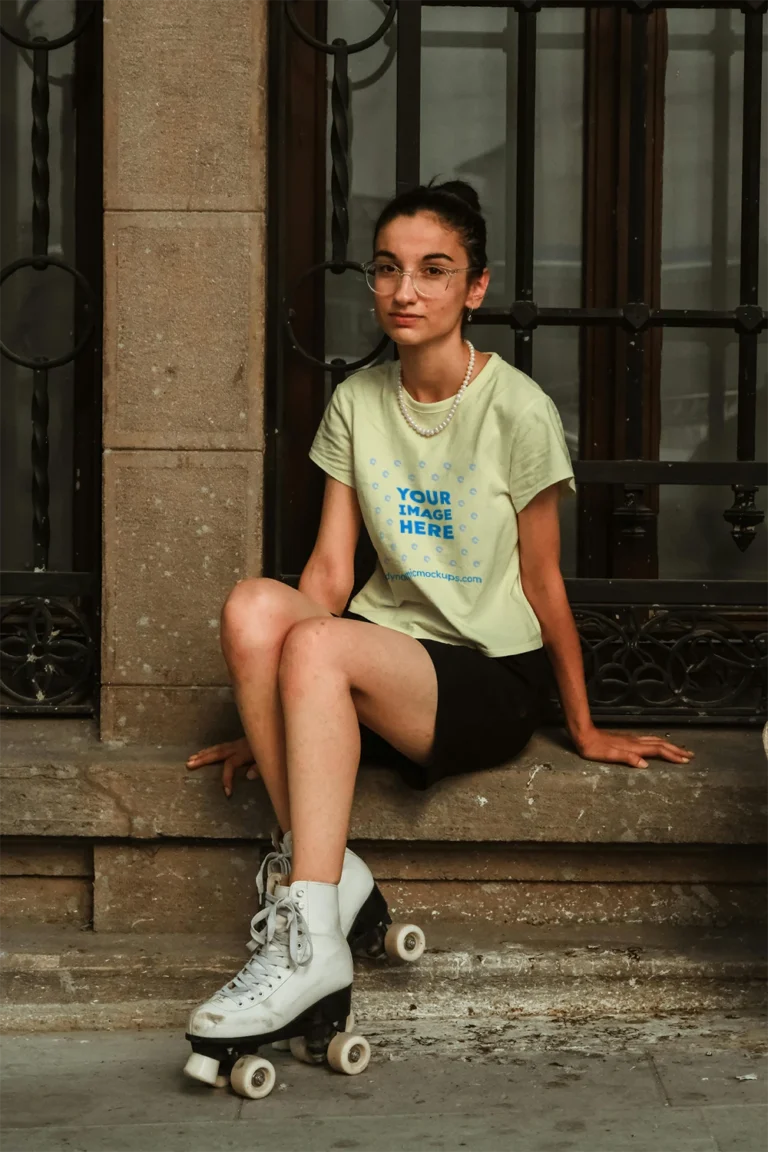 Woman Wearing Cream T-shirt Mockup Front View Template