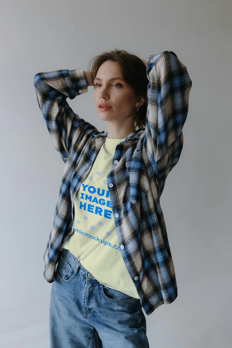 Woman Wearing Cream T-shirt Mockup Front View Template
