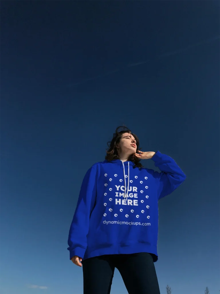 Woman Wearing Dark Blue Hoodie Mockup Front View Template