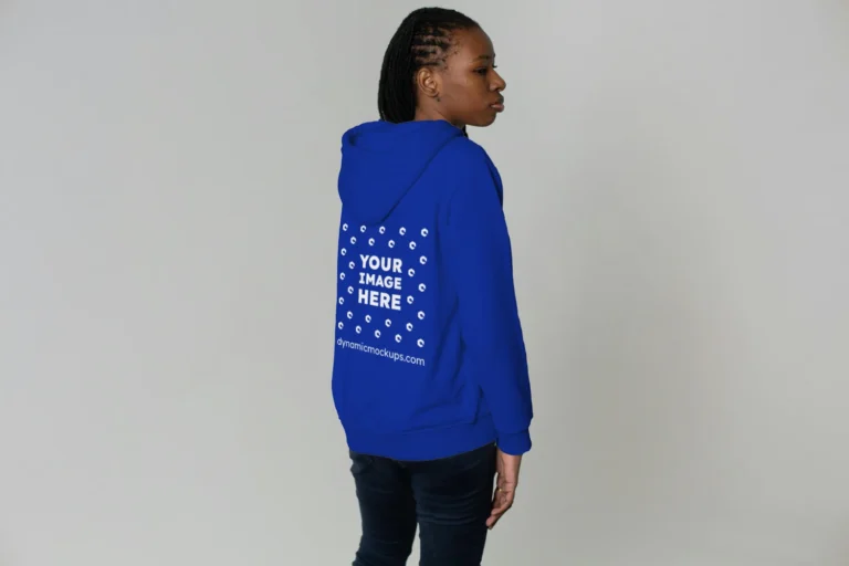 Woman Wearing Dark Blue Hoodie Mockup Back View Template