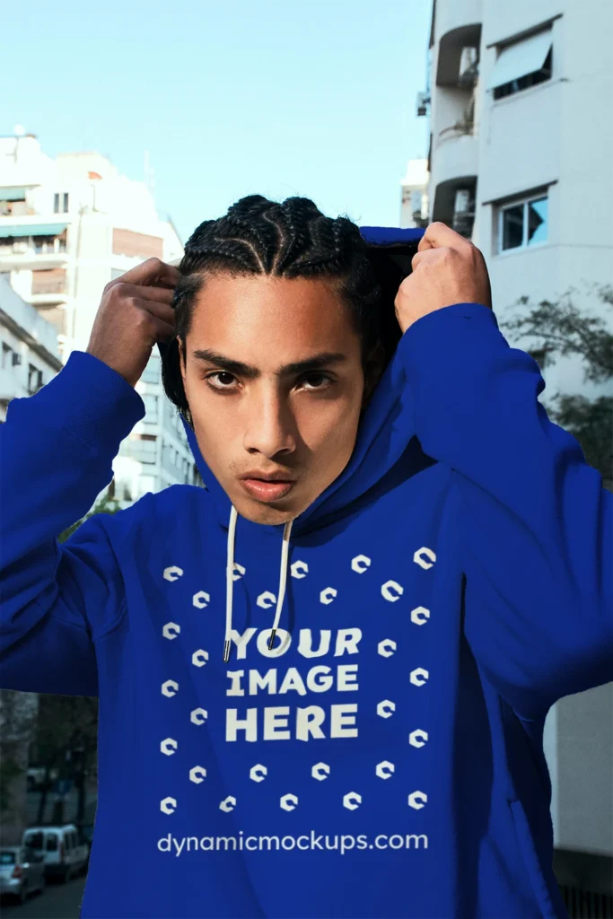 Woman Wearing Dark Blue Hoodie Mockup Front View Template