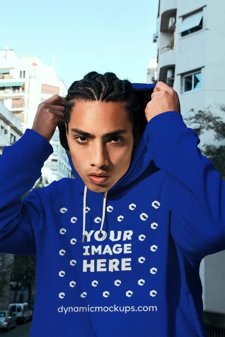Woman Wearing Dark Blue Hoodie Mockup Front View Template