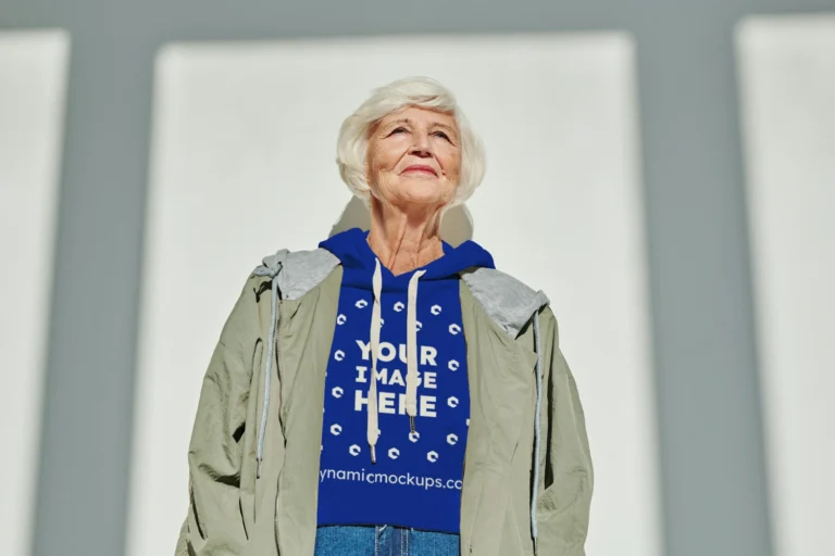 Woman Wearing Dark Blue Hoodie Mockup Front View Template