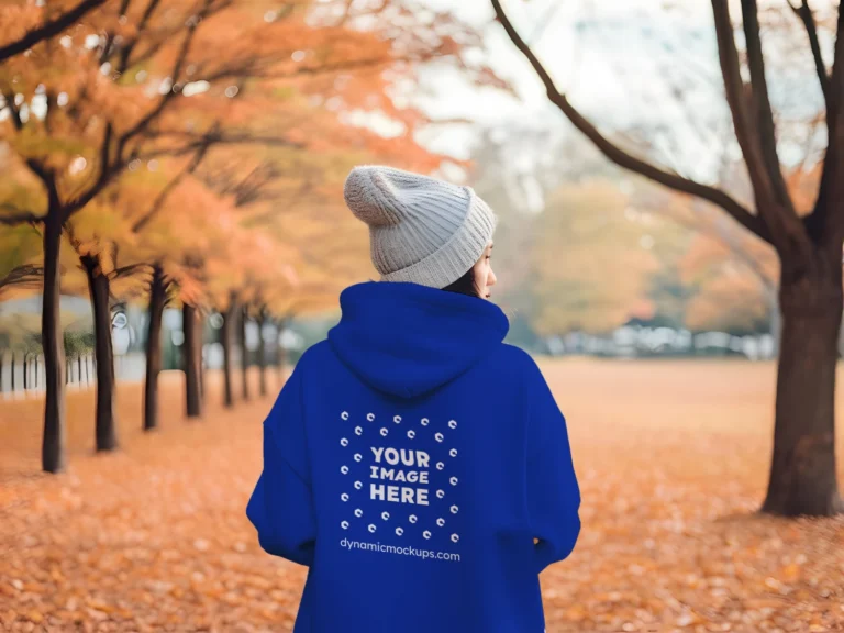 Woman Wearing Dark Blue Hoodie Mockup Back View Template