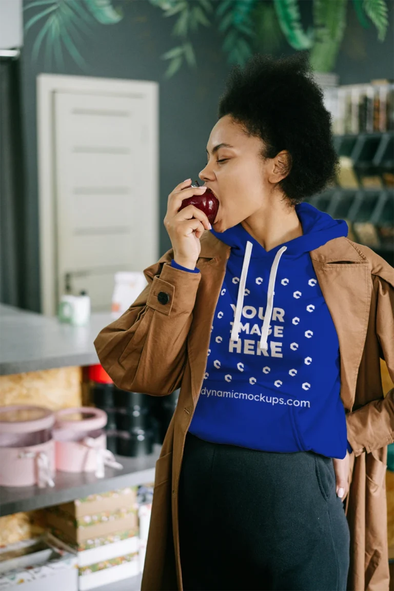 Woman Wearing Dark Blue Hoodie Mockup Front View Template
