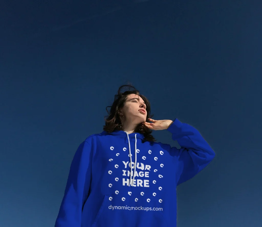 Woman Wearing Dark Blue Hoodie Mockup Front View Template