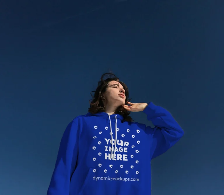 Woman Wearing Dark Blue Hoodie Mockup Front View Template