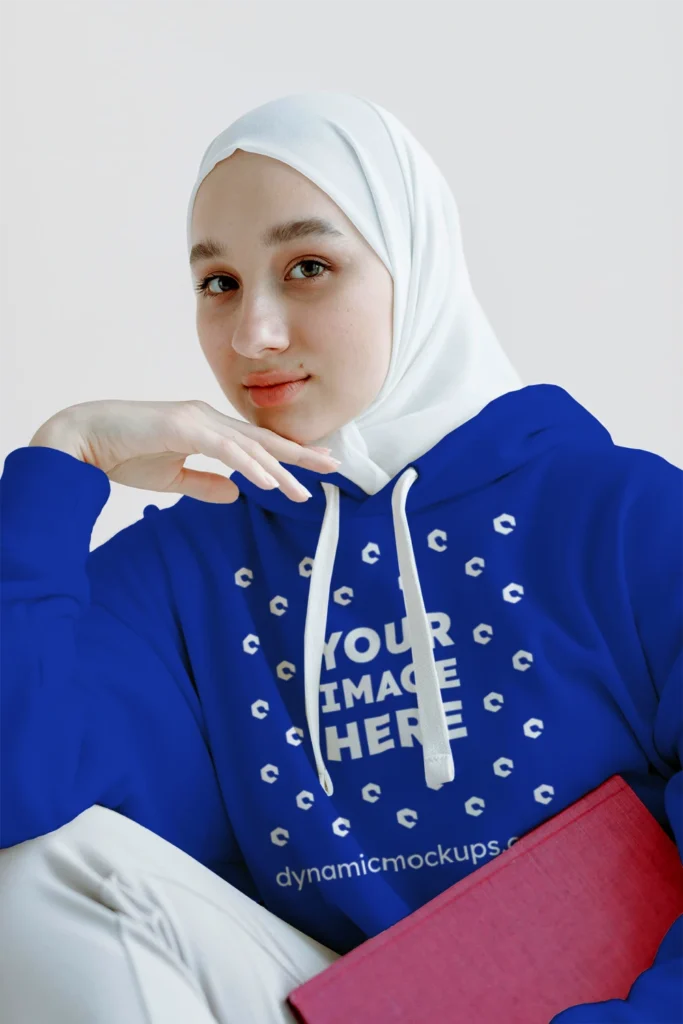 Woman Wearing Dark Blue Hoodie Mockup Front View Template