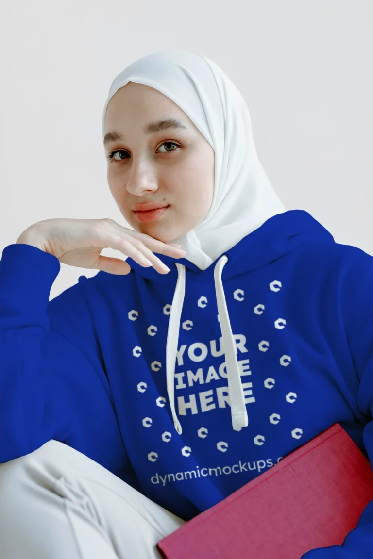 Woman Wearing Dark Blue Hoodie Mockup Front View Template