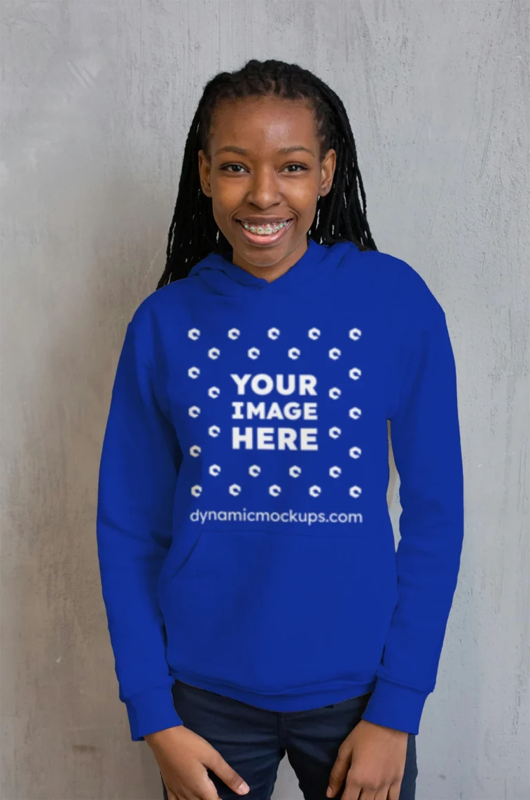 Woman Wearing Dark Blue Hoodie Mockup Front View Template