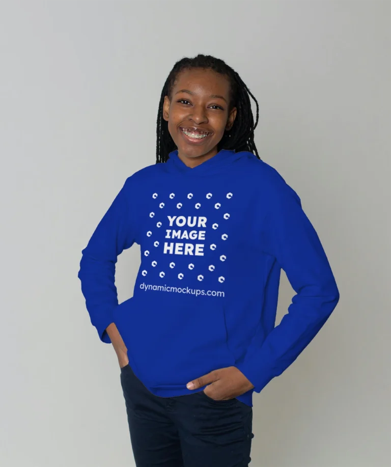 Woman Wearing Dark Blue Hoodie Mockup Front View Template