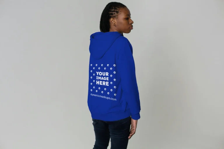Woman Wearing Dark Blue Hoodie Mockup Back View Template