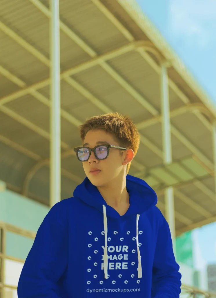Woman Wearing Dark Blue Hoodie Mockup Front View Template