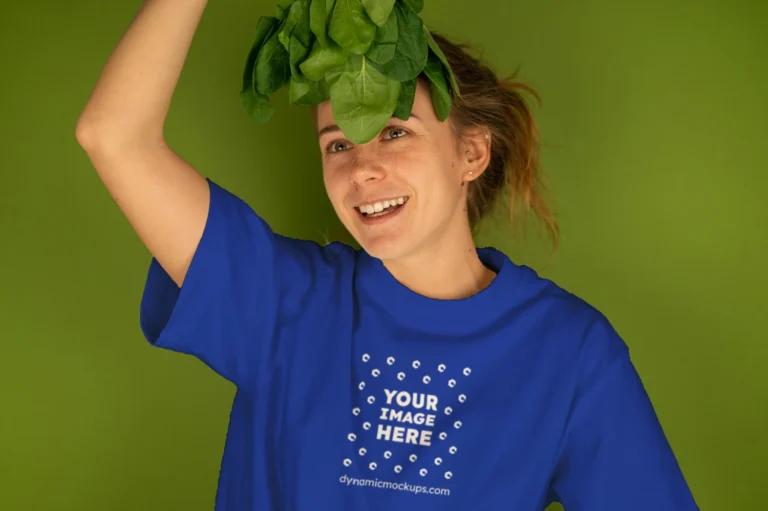 Woman Wearing Dark Blue T-shirt Mockup Front View Template