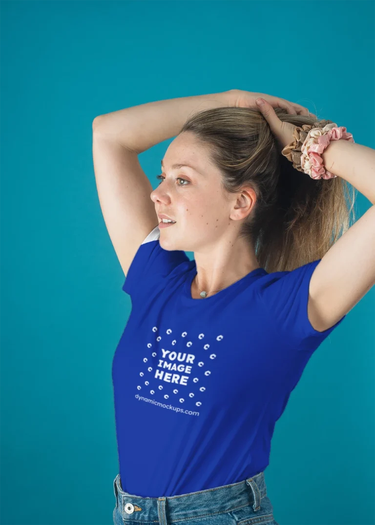 Woman Wearing Dark Blue T-shirt Mockup Front View Template