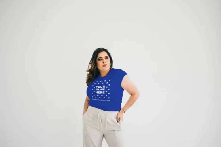 Woman Wearing Dark Blue T-shirt Mockup Front View Template