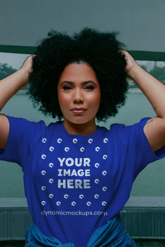 Woman Wearing Dark Blue T-shirt Mockup Front View Template