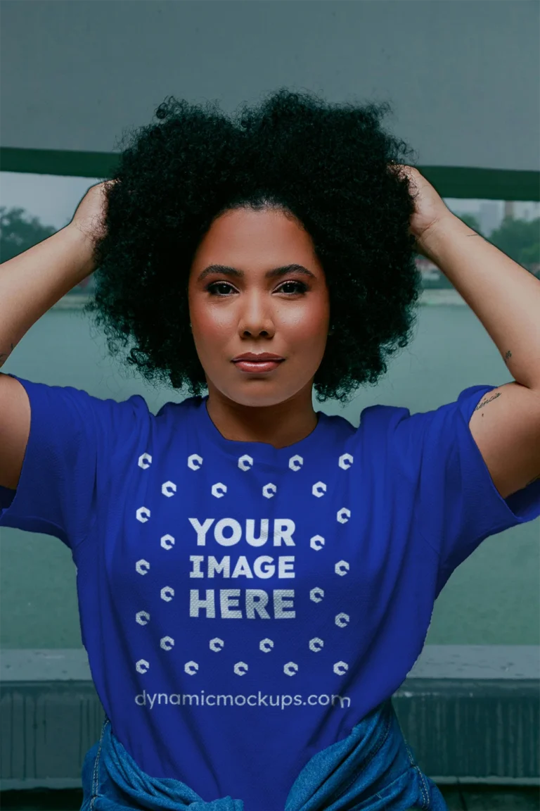 Woman Wearing Dark Blue T-shirt Mockup Front View Template