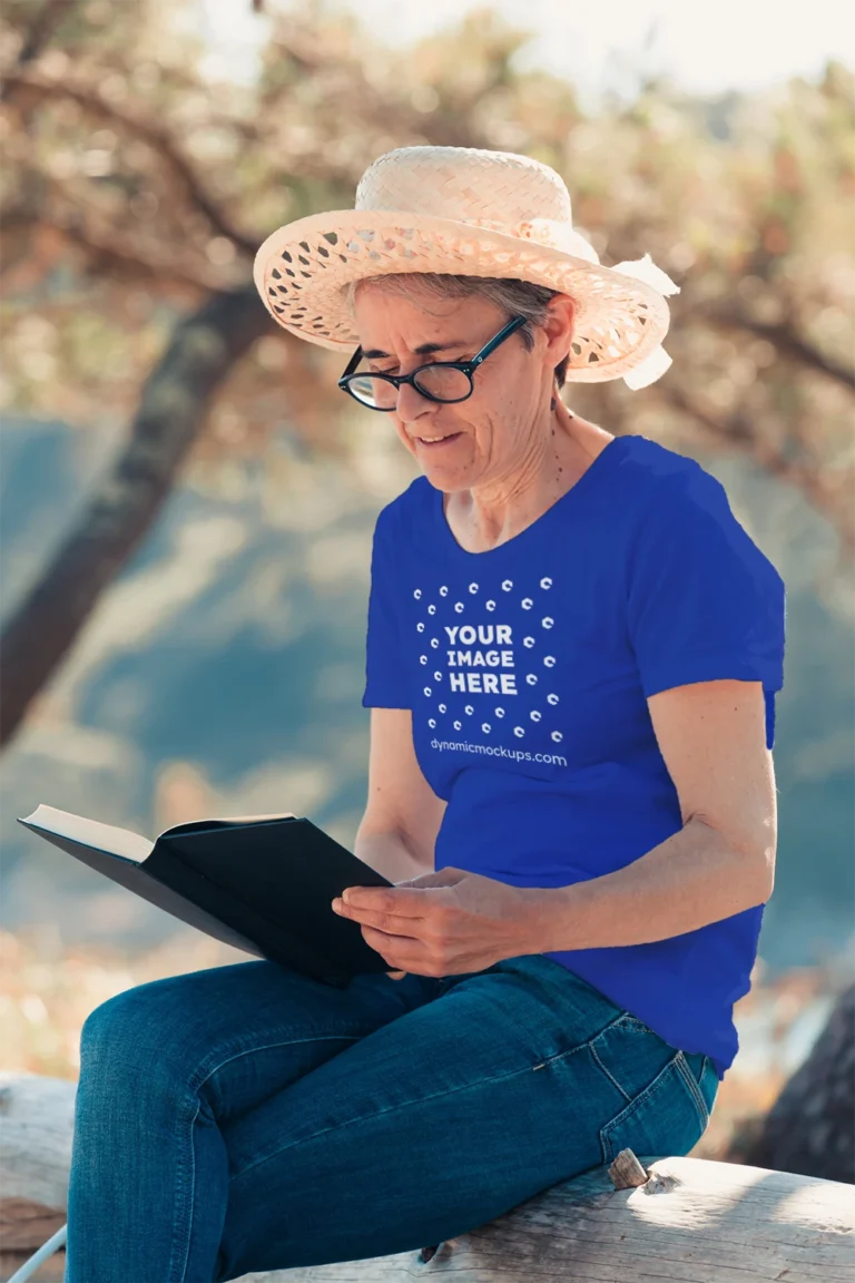 Woman Wearing Dark Blue T-shirt Mockup Front View Template