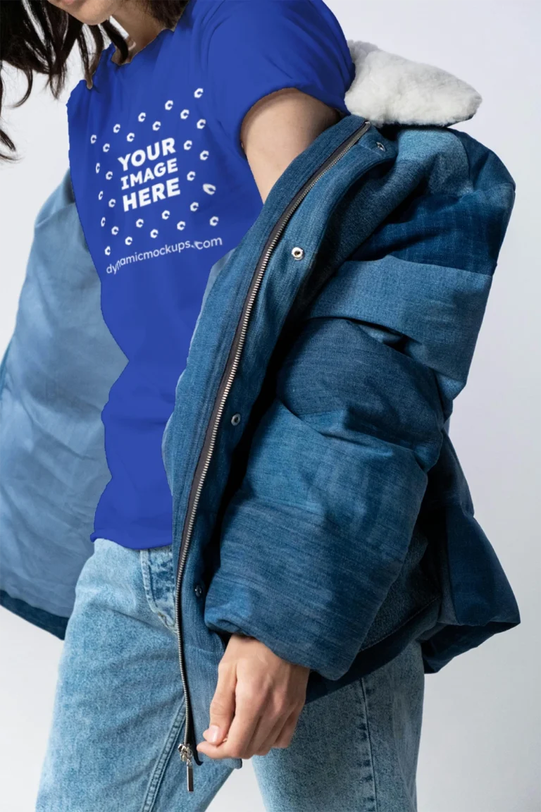 Woman Wearing Dark Blue T-shirt Mockup Front View Template