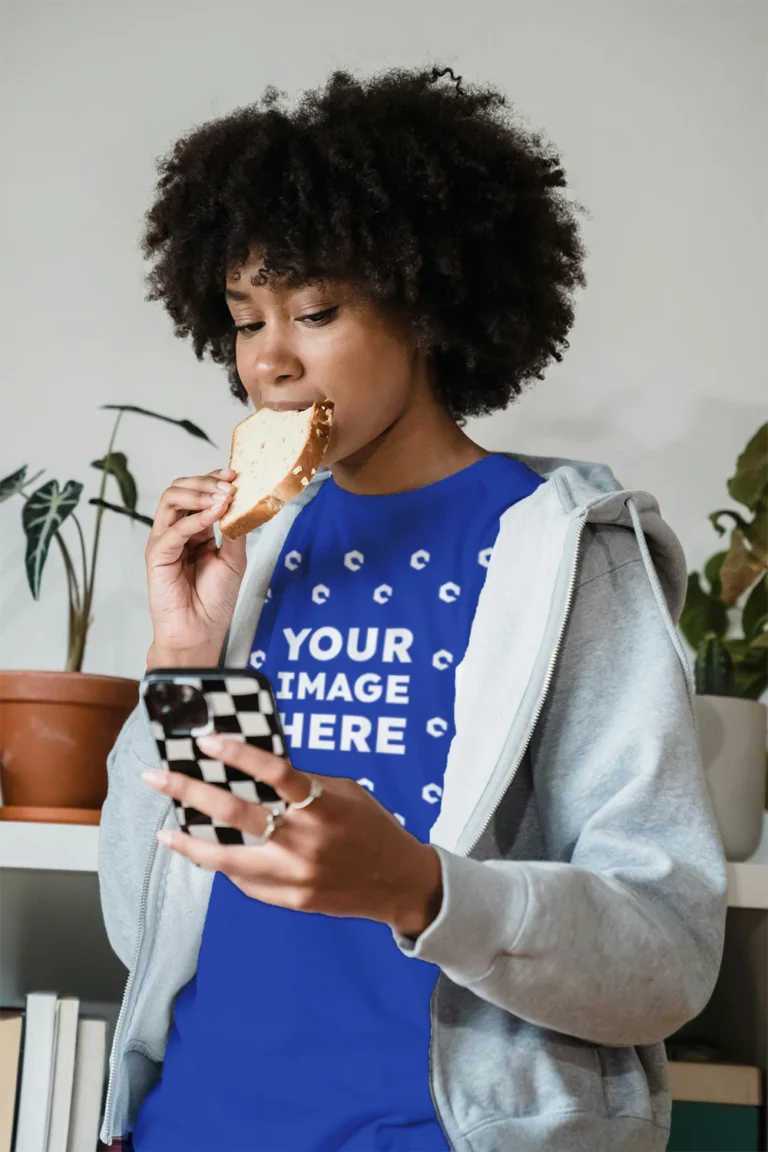 Woman Wearing Dark Blue T-shirt Mockup Front View Template