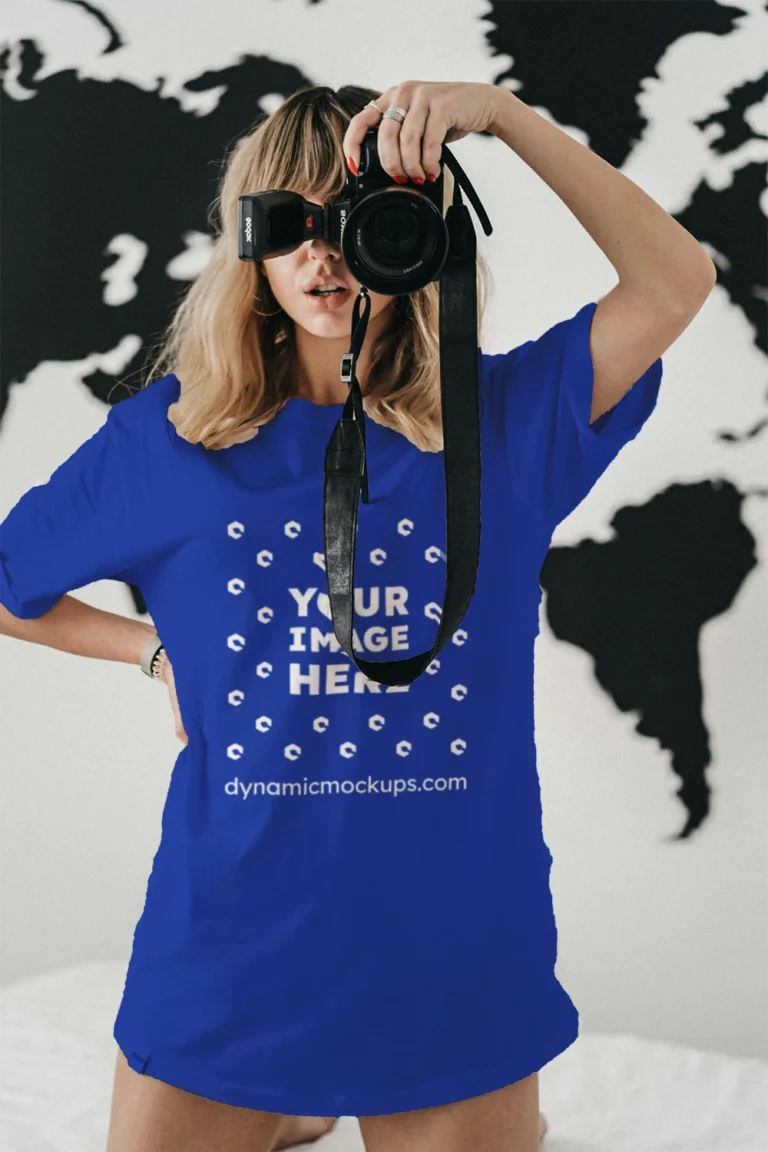Woman Wearing Dark Blue T-shirt Mockup Front View Template