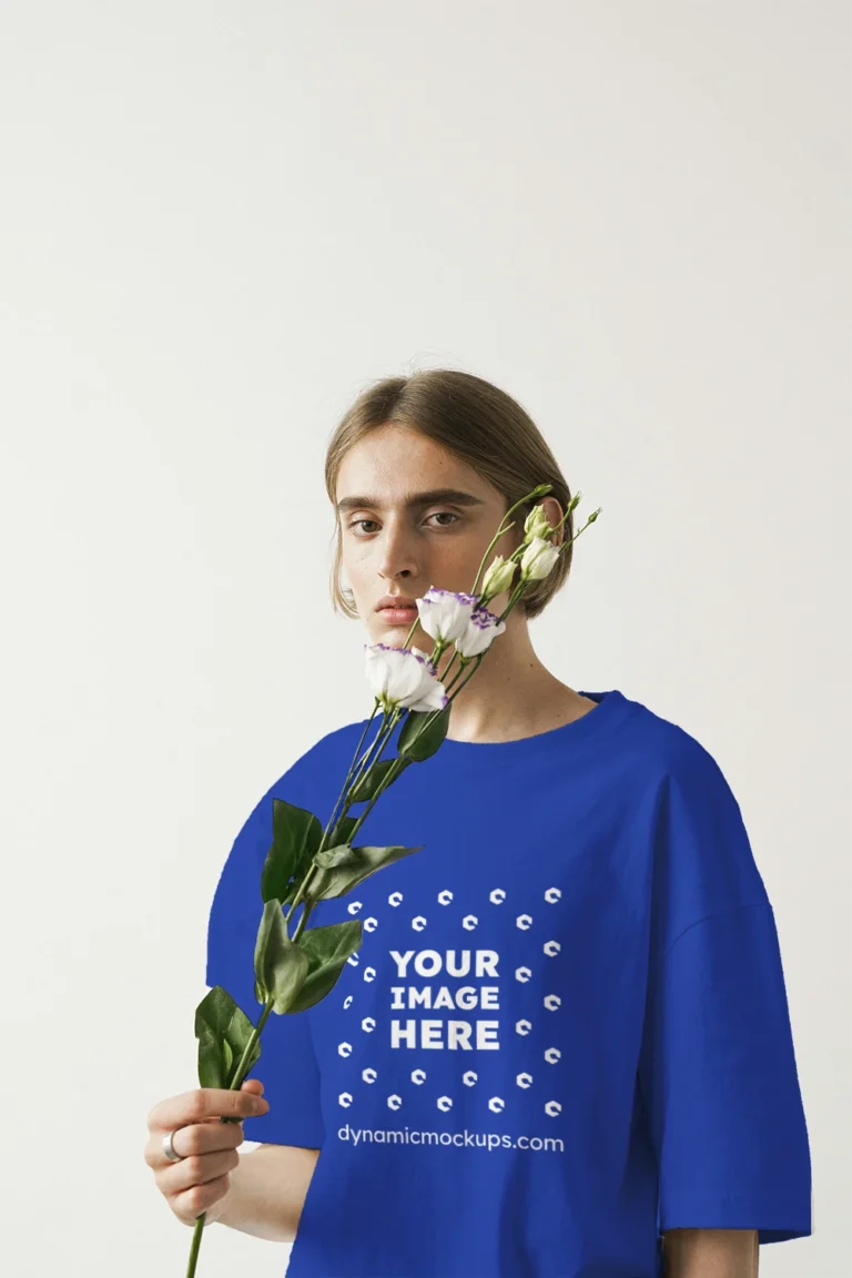 Woman Wearing Dark Blue T-shirt Mockup Front View Template