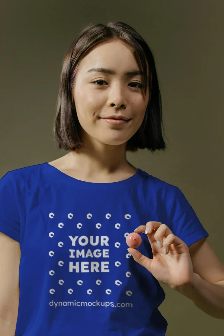 Woman Wearing Dark Blue T-shirt Mockup Front View Template