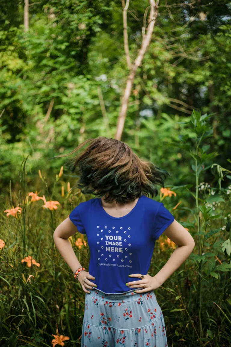 Woman Wearing Dark Blue T-shirt Mockup Front View Template