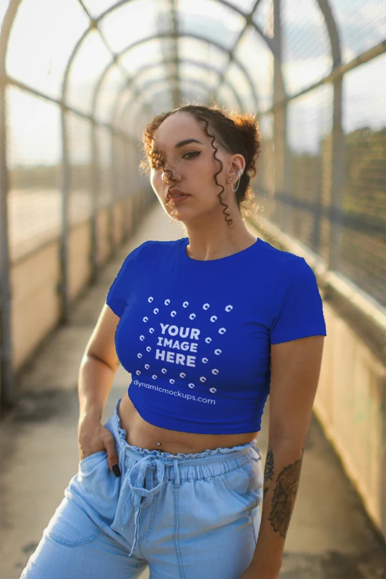 Woman Wearing Dark Blue T-shirt Mockup Front View Template