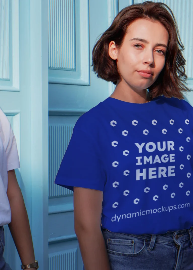 Woman Wearing Dark Blue T-shirt Mockup Front View Template