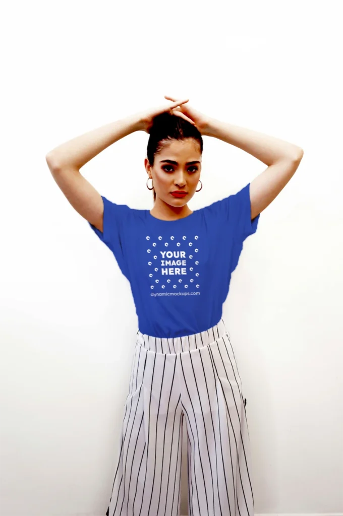 Woman Wearing Dark Blue T-shirt Mockup Front View Template