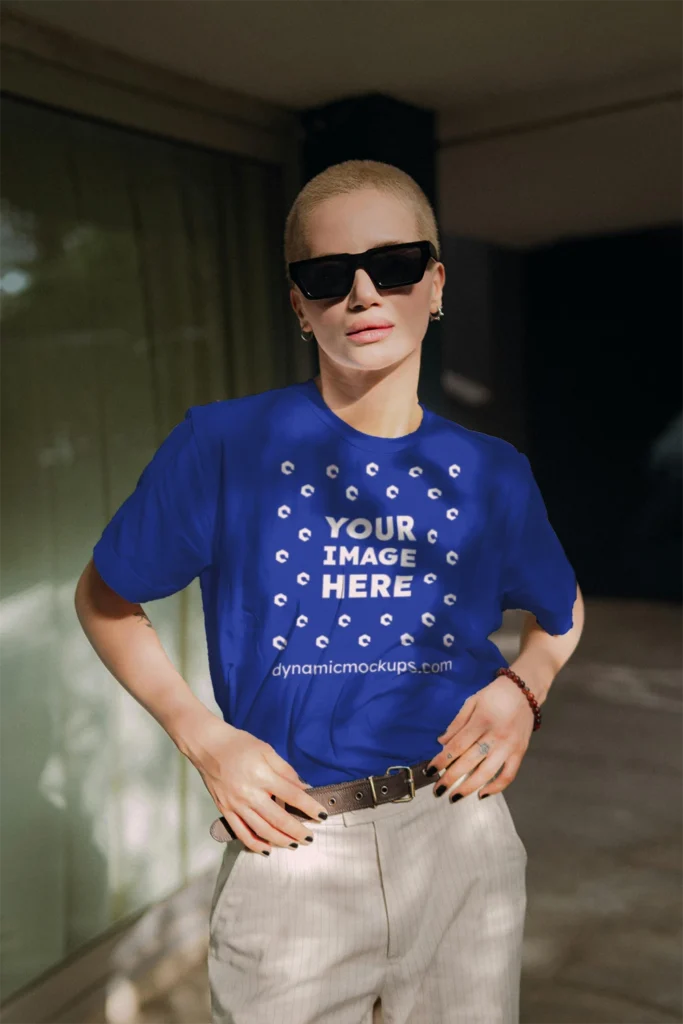 Woman Wearing Dark Blue T-shirt Mockup Front View Template