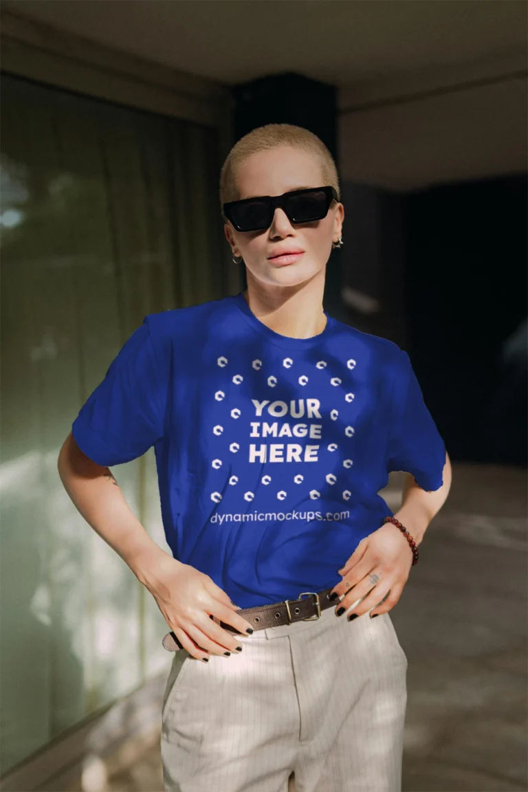 Woman Wearing Dark Blue T-shirt Mockup Front View Template