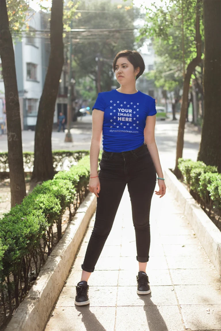 Woman Wearing Dark Blue T-shirt Mockup Front View Template