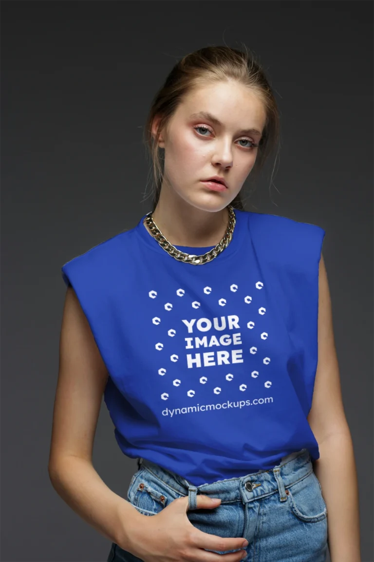 Woman Wearing Dark Blue T-shirt Mockup Front View Template