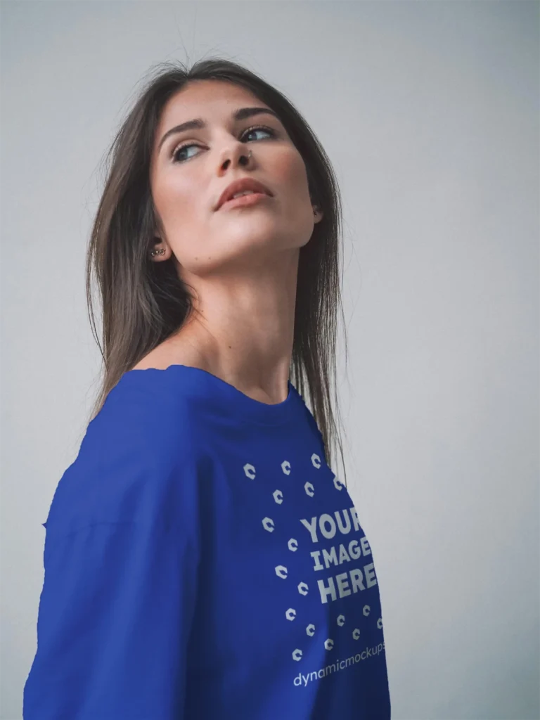 Woman Wearing Dark Blue T-shirt Mockup Front View Template