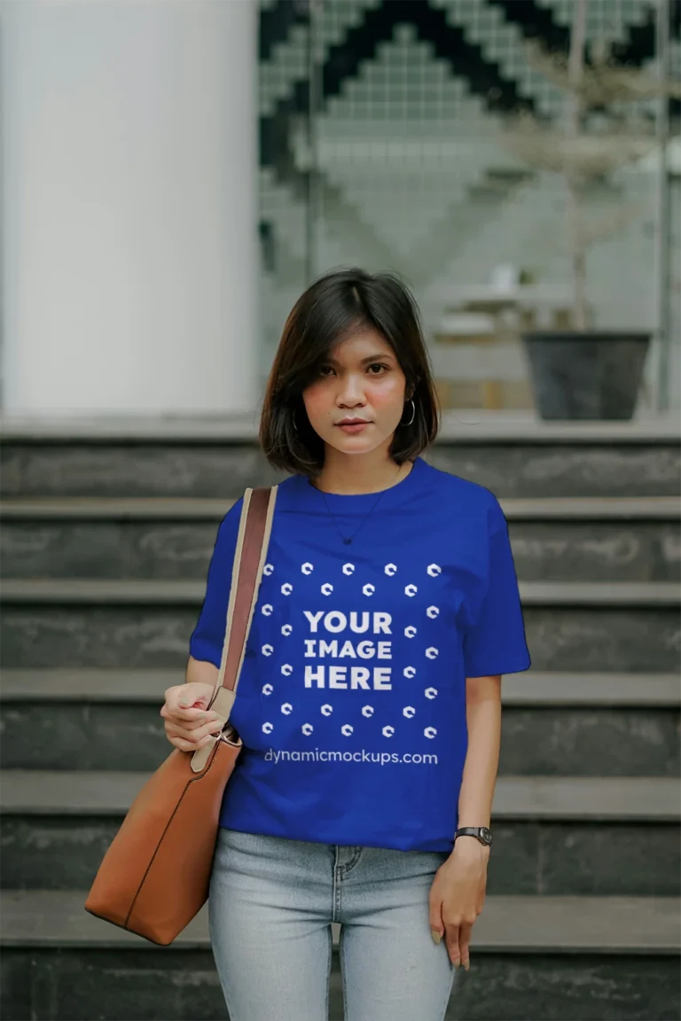 Woman Wearing Dark Blue T-shirt Mockup Front View Template