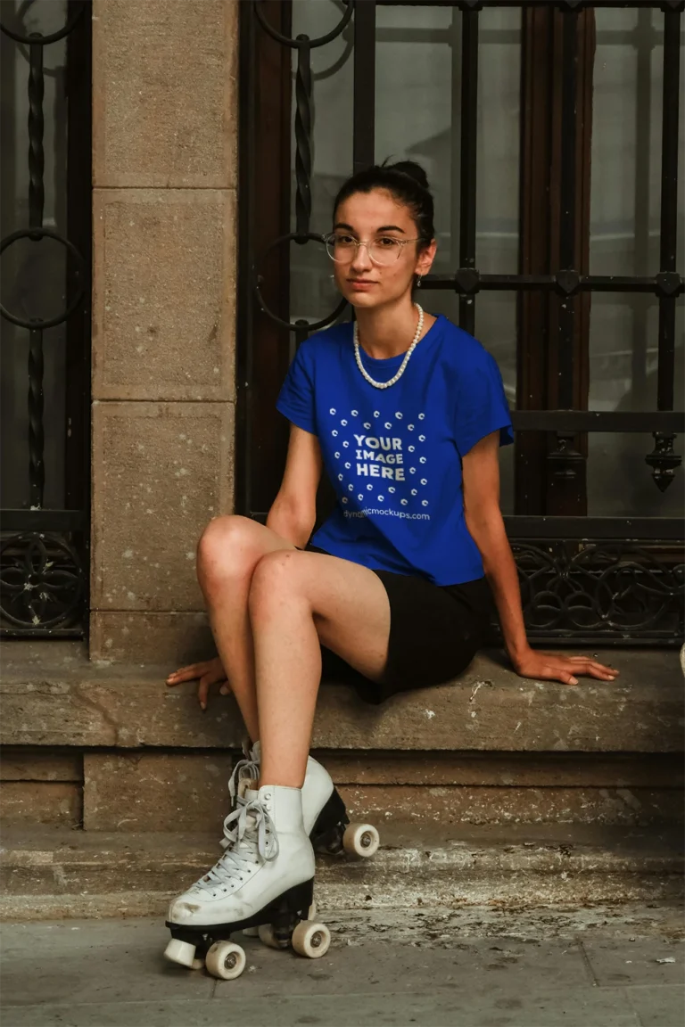 Woman Wearing Dark Blue T-shirt Mockup Front View Template