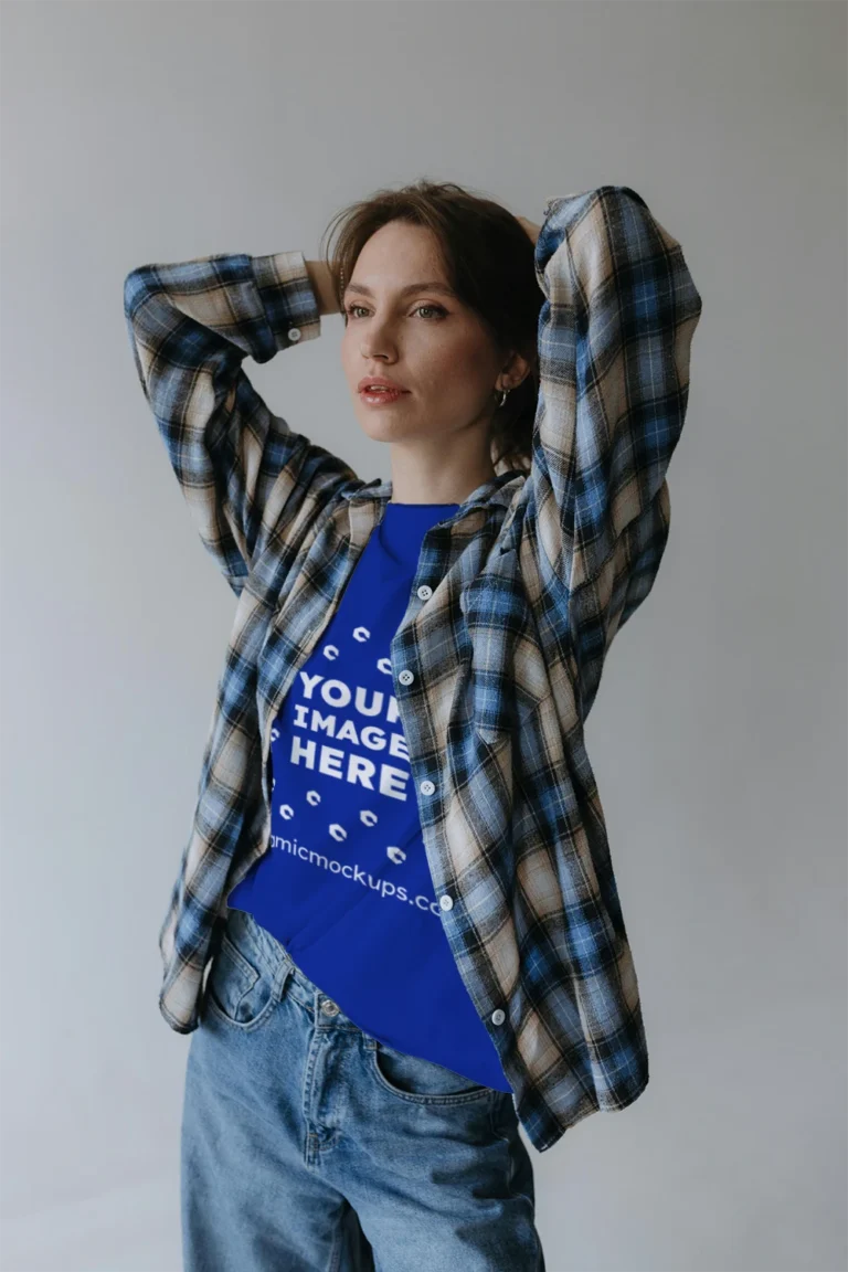 Woman Wearing Dark Blue T-shirt Mockup Front View Template