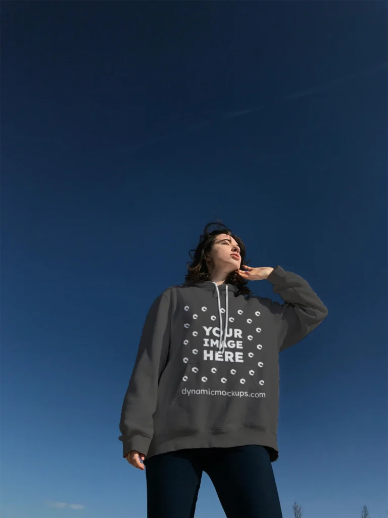 Woman Wearing Dark Gray Hoodie Mockup Front View Template