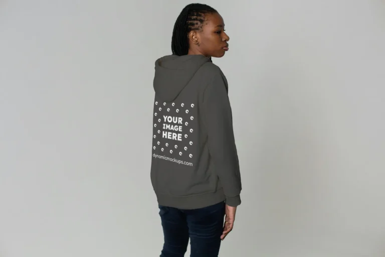 Woman Wearing Dark Gray Hoodie Mockup Back View Template