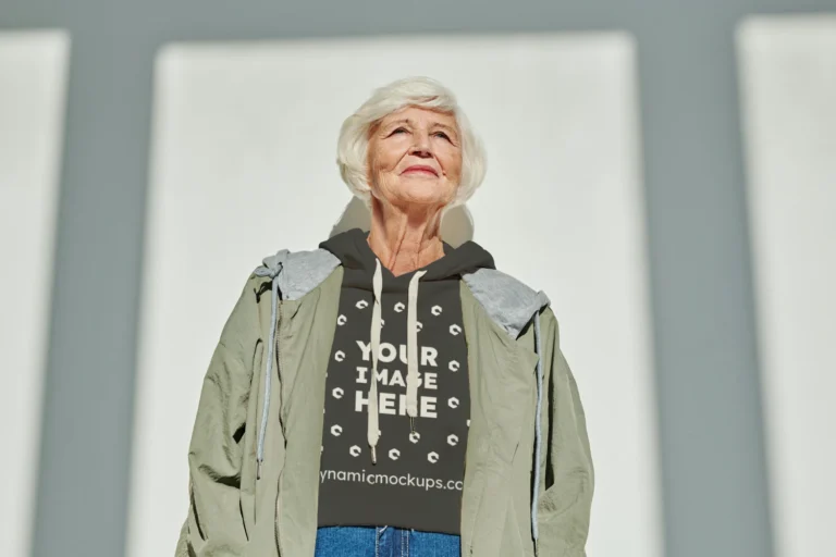 Woman Wearing Dark Gray Hoodie Mockup Front View Template
