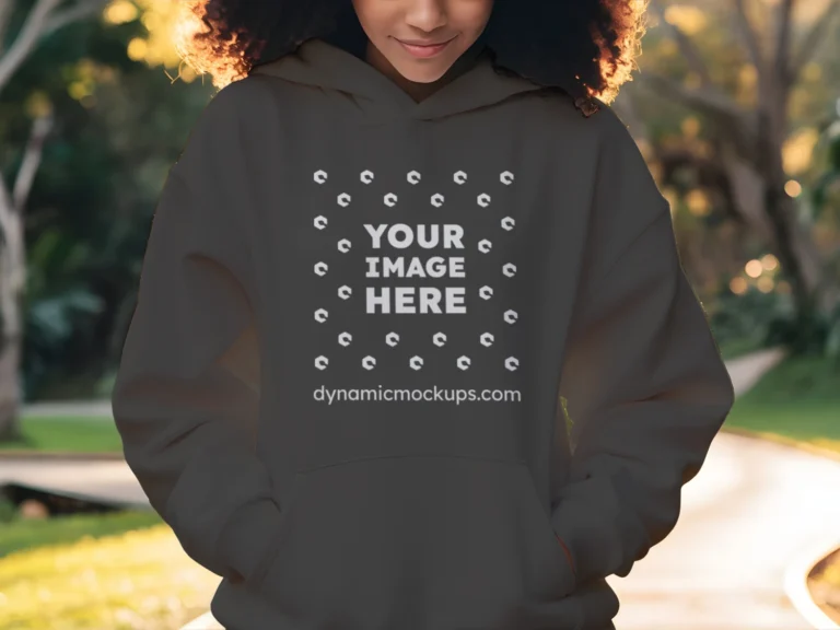 Woman Wearing Dark Gray Hoodie Mockup Front View Template