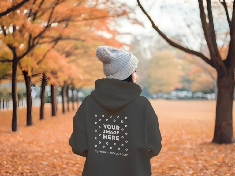 Woman Wearing Dark Gray Hoodie Mockup Back View Template