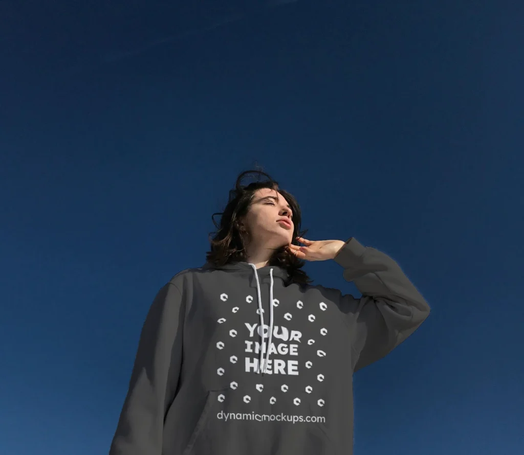Woman Wearing Dark Gray Hoodie Mockup Front View Template